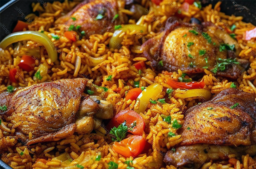 Nigerian chicken jollof rice served in a deep bowl