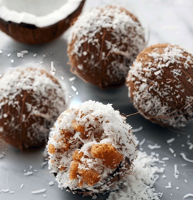 coconut and syrup balls on a kitchen work surface