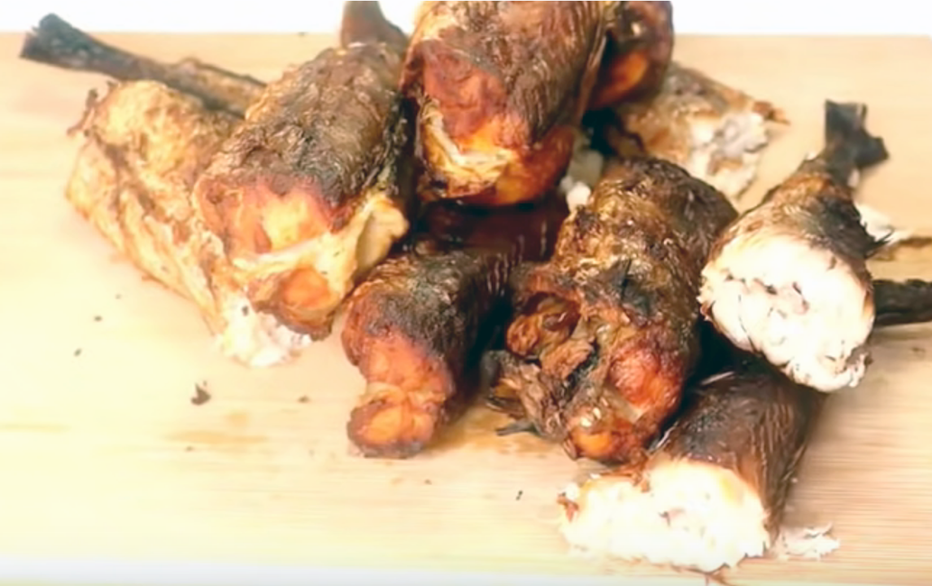 pieces of smoked fish that have been prepared in an oven