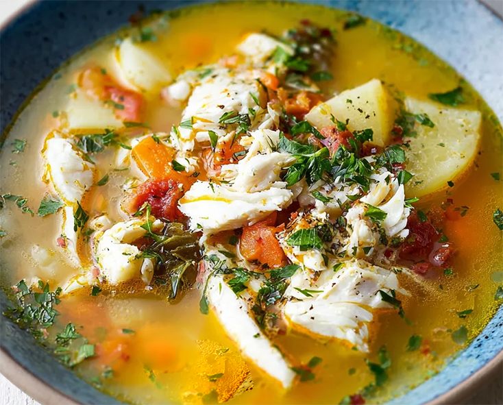 hearty parasupa, Cypriot fish soup served in a soup bowl