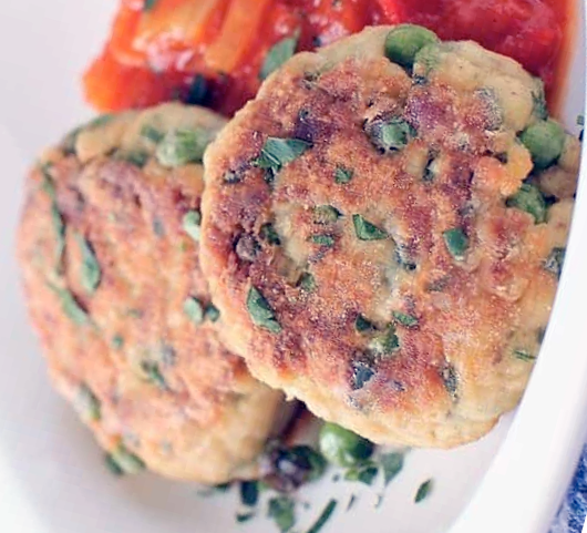 puffball patties served on a bed of tomato stew