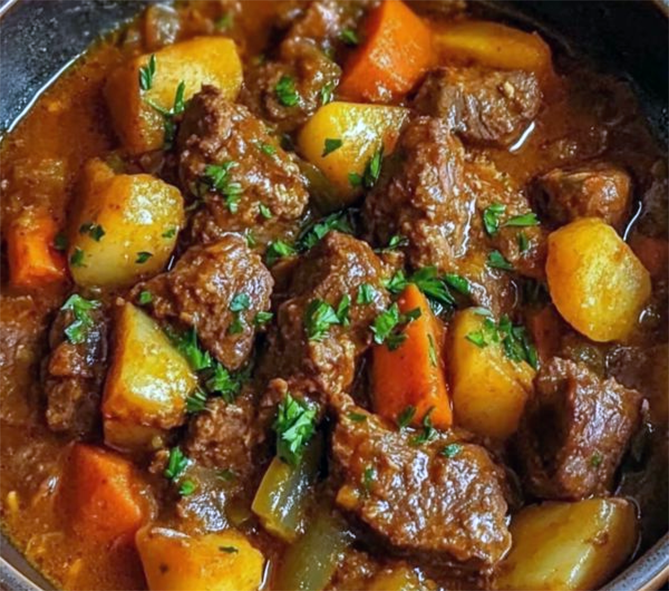 stewed beef, potatoes and carrots cooked in redbush tea in a cooking pan