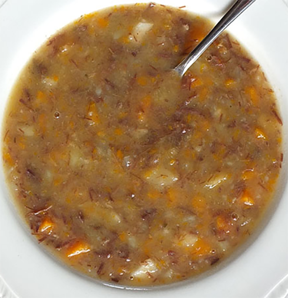 Reestit mutton soup from the Shetland islands in a white soup bowl
