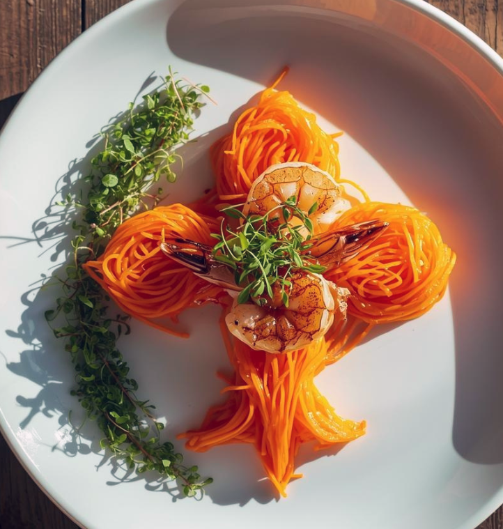 grated carrot shaped into the form of a fleur-de-lys served topped with prawns and with a cress garnish