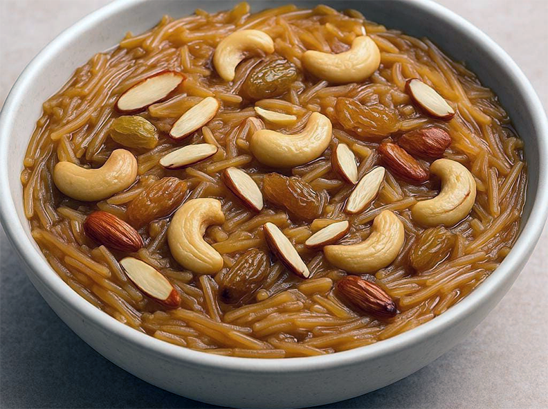 vermicelli pudding chopped with nuts and sultanas served in a bowl
