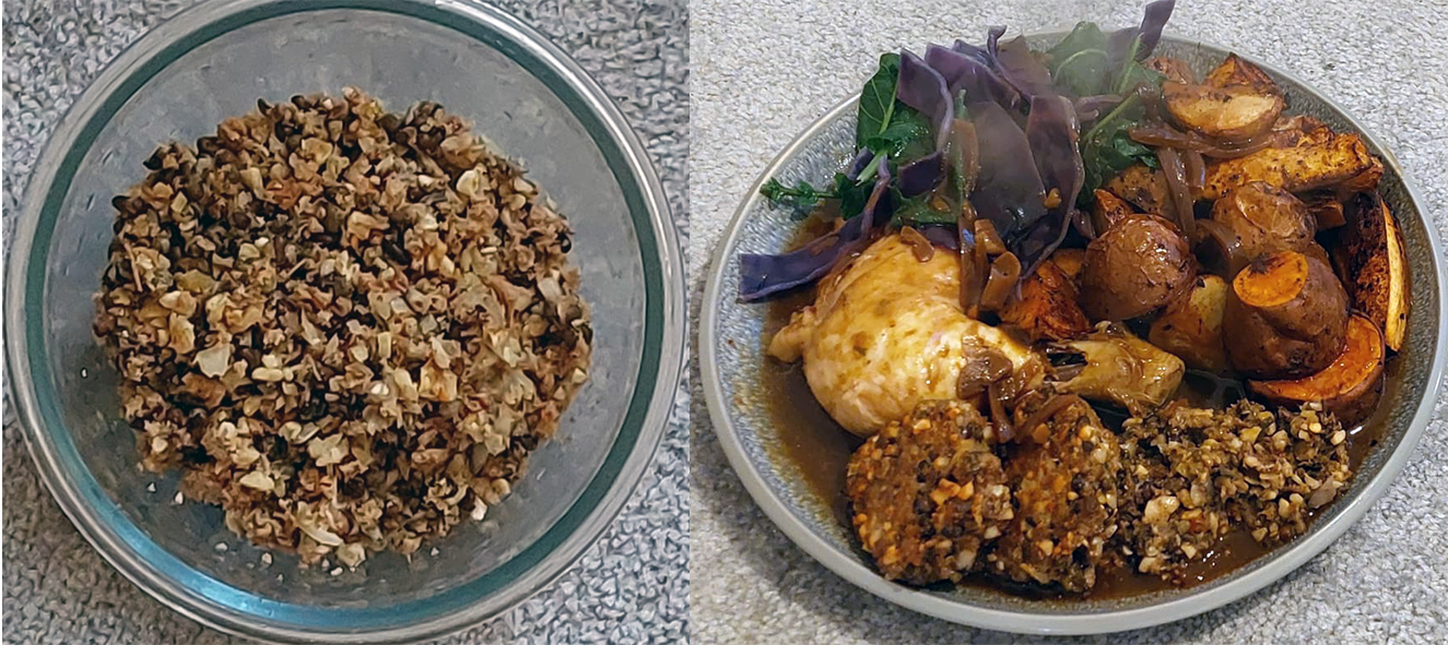 The spicy stuffing in a bowl before cooking. Chicken with all the trimmings, featuring the baked and fried stuffing in the foreground