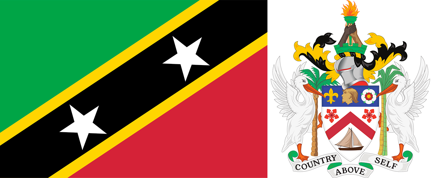 The flag and the arms of Saint Kitts and Nevis.