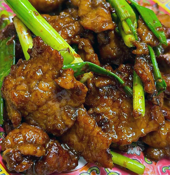 stir-fried strips of lamb and spring onions served on a plate