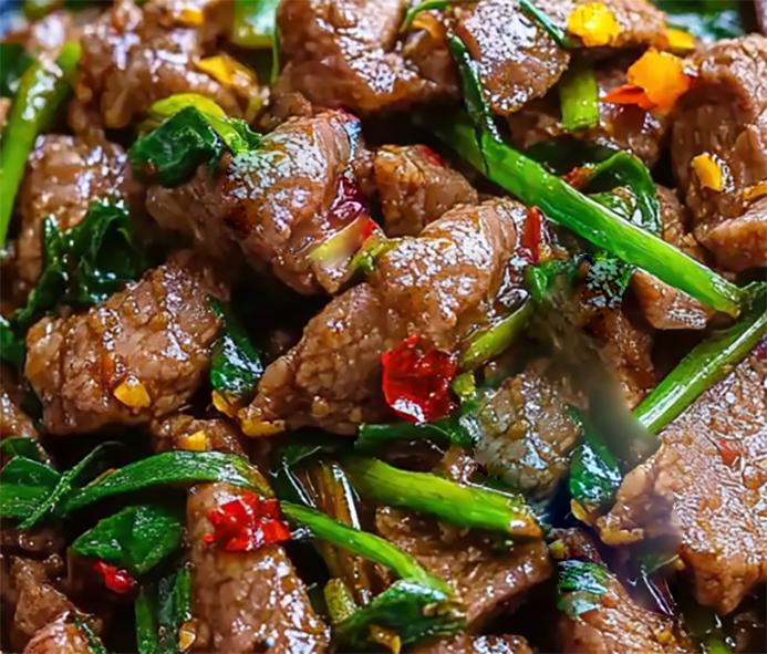 marinated lamb stir-fried with spices and three-cornered leeks