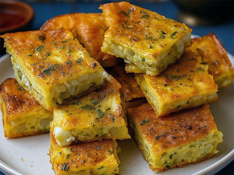lamb and vegetable tadjine set with eggs cut into squares and served on a plate