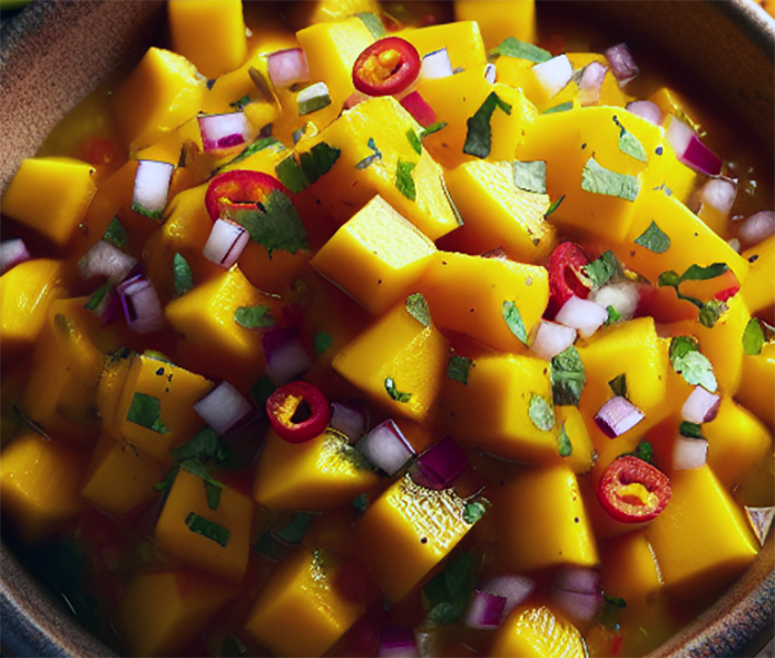 Turk and Caicos mango salsa served in a wooden bowl