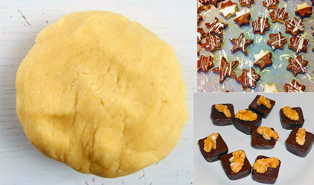 ball of walnut marzipan shaped into chocolate-dipped stars and cubes