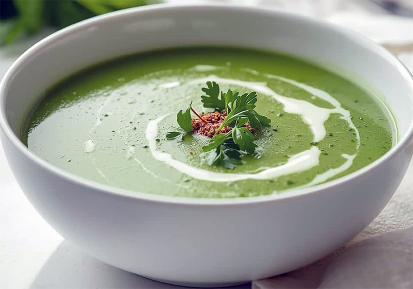 watercress and roast garlic soup in a bowl