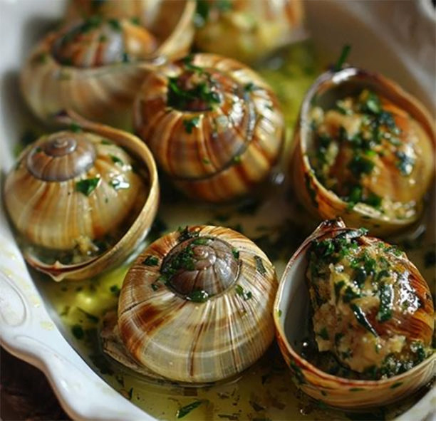 snails baked in a dish with herbed garlic butter containing worcestershire sauce